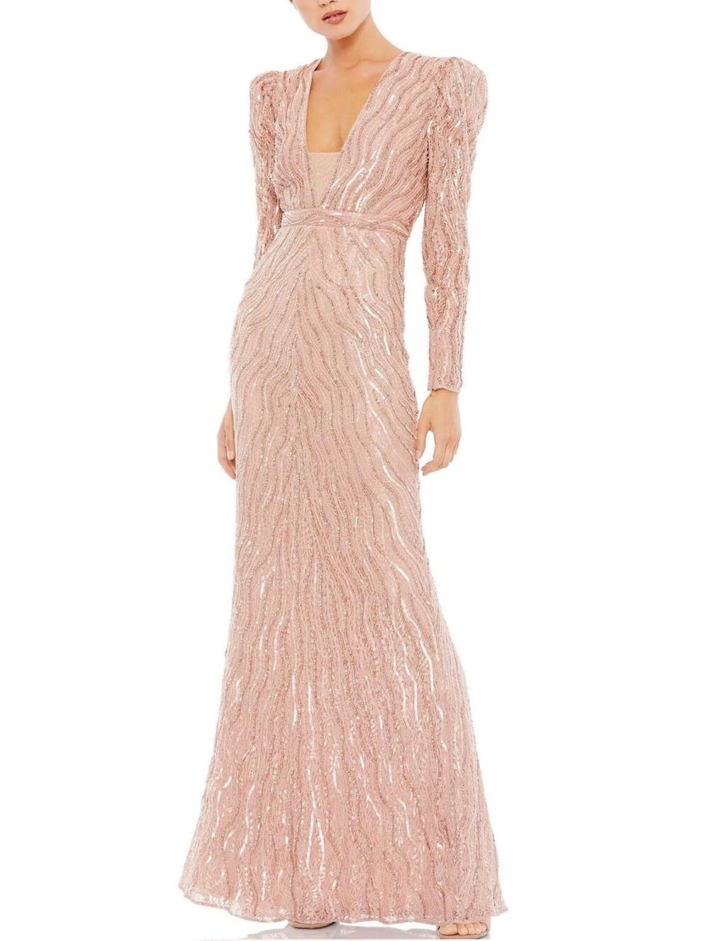 Mac Duggal 93574 Rose Gold Evening Gown Sequined Long Sleeve Column Dress Size 6